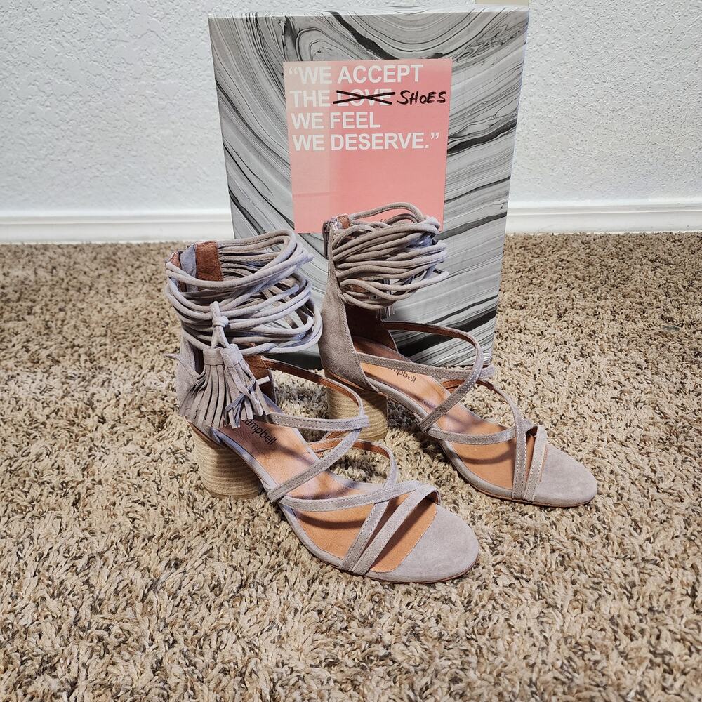 Jeffrey Campbell Despina Gladiator Taupe Suede Lace up Block Heel Sandals 6.5